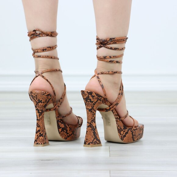 Brown Snake Strappy Platform Heels Adjustable Around Ankle Lace Up Stilettos - Picture 7 of 12